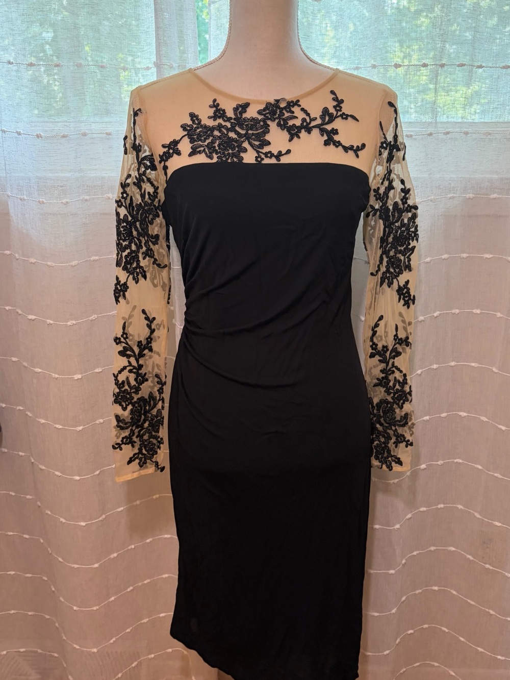 David Meister Black Nude Illusion Floral Embroidered Midi Dress Size 4